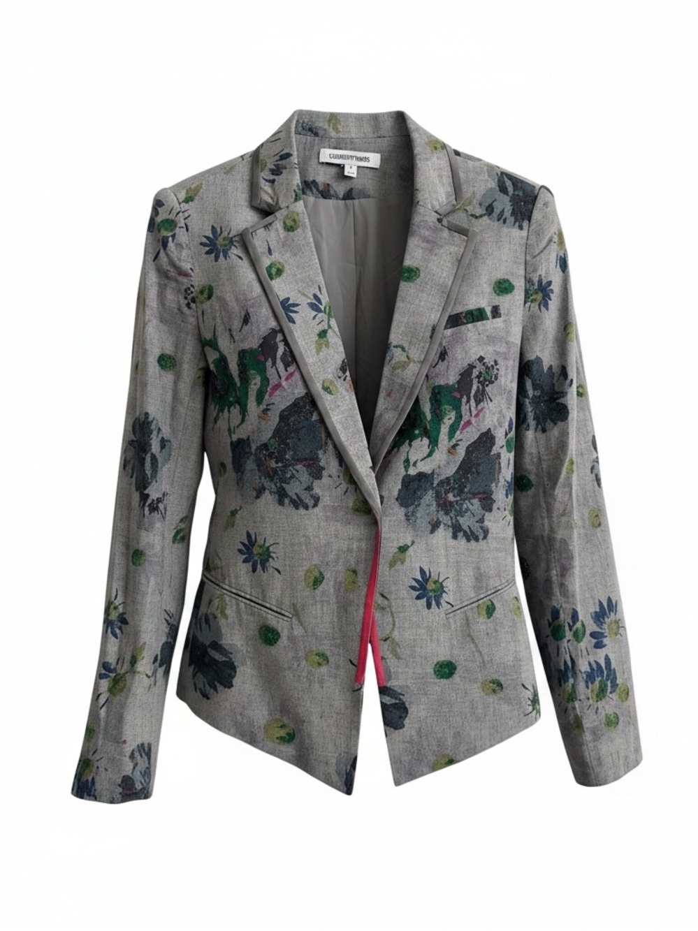 Elizabeth and James Gray Floral Single-Button Blazer with Red and grey Silk Trim